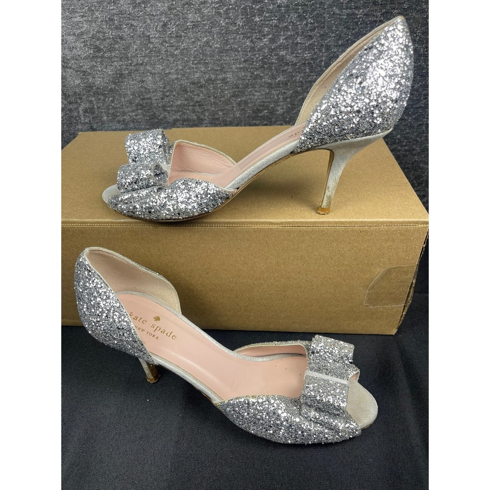 Kate Spade Silver Glitter Bow Peep Toe d'Orsay Stiletto Heels Pumps Size 7.5